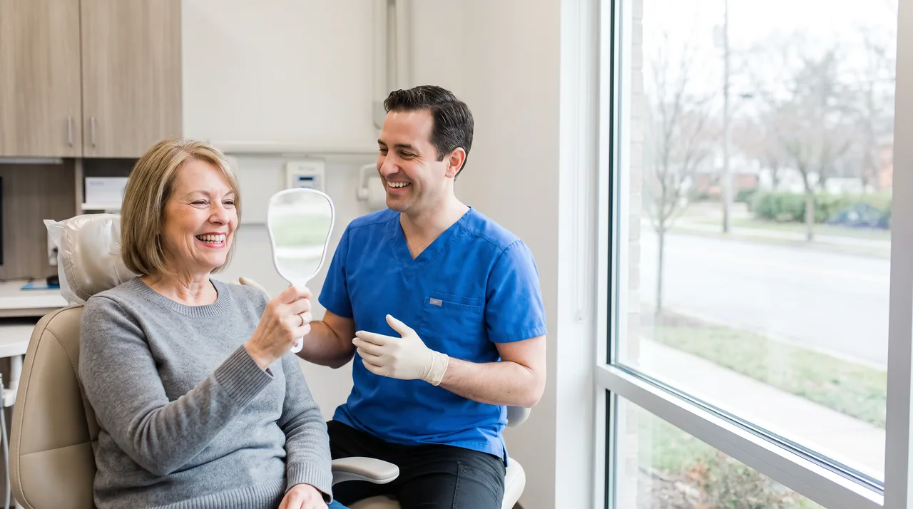 A dentist laughing with a patient in the chair
