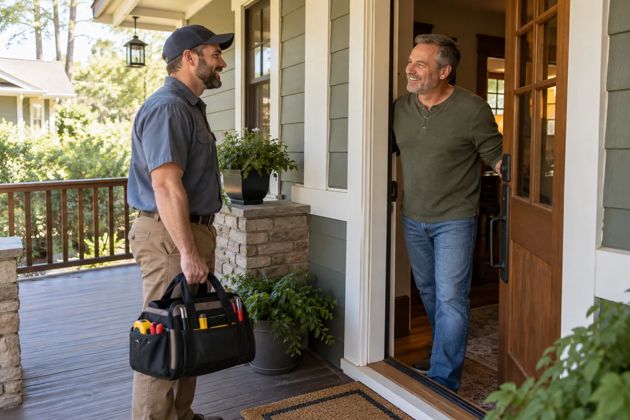 A technician greeting a homeowner at her front door