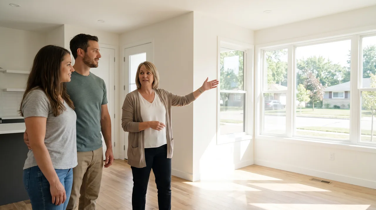 A real estate agent showing a couple a bright living room