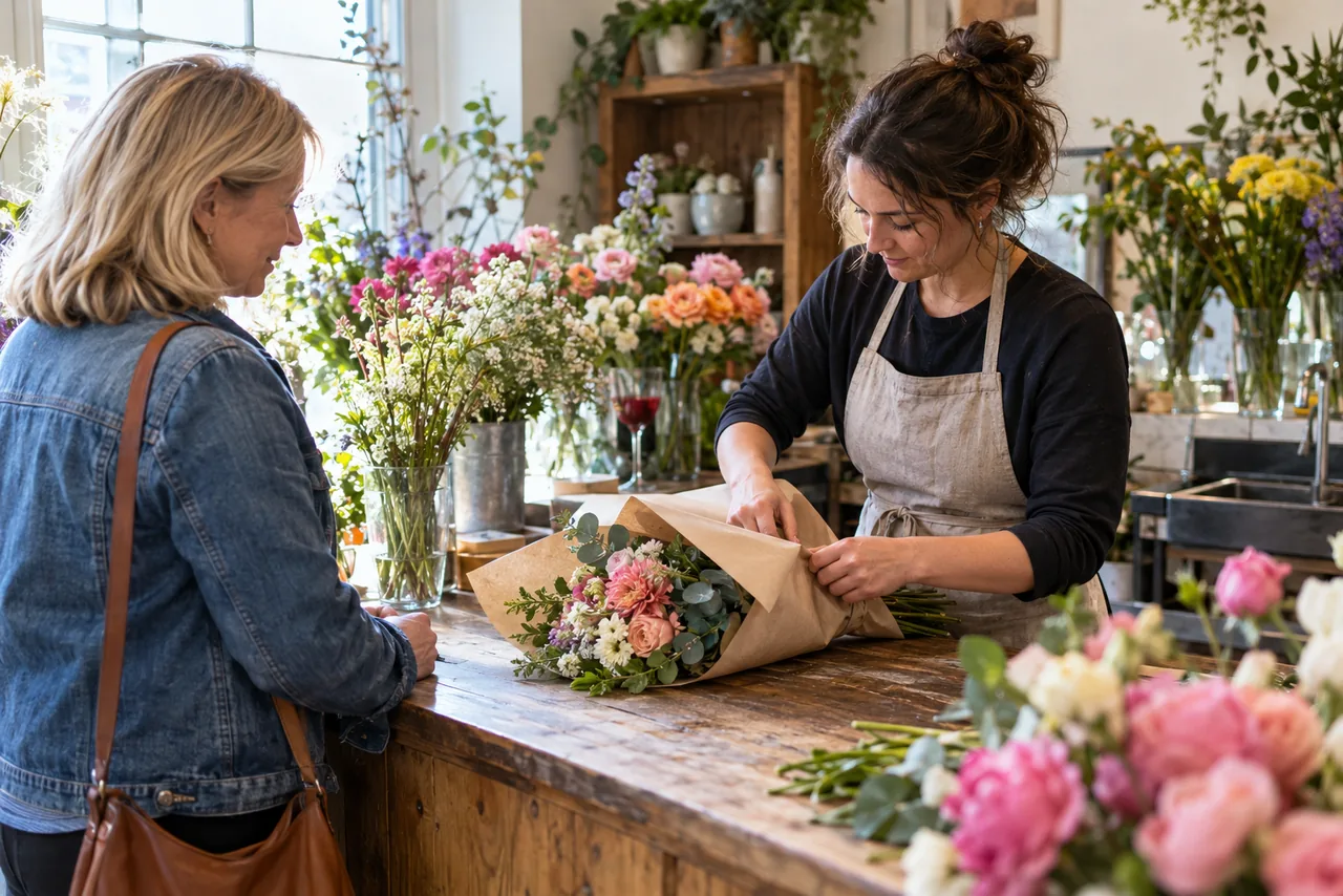 A florist handing a bouquet to a customer